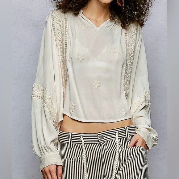 NWT POL Boho Festival Balloon Sleeve Crinkle Woven Peasant Blouse Top Shirt - Picture 7 of 11